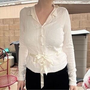 Worthington Cream Button-Up Blouse with Ribbon Tie
